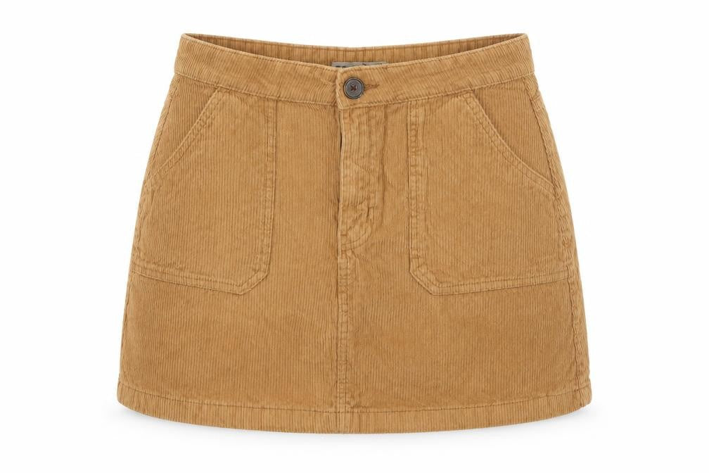 Front view of Denim & Co. women’s brown corduroy a-line skirt, size UK 12