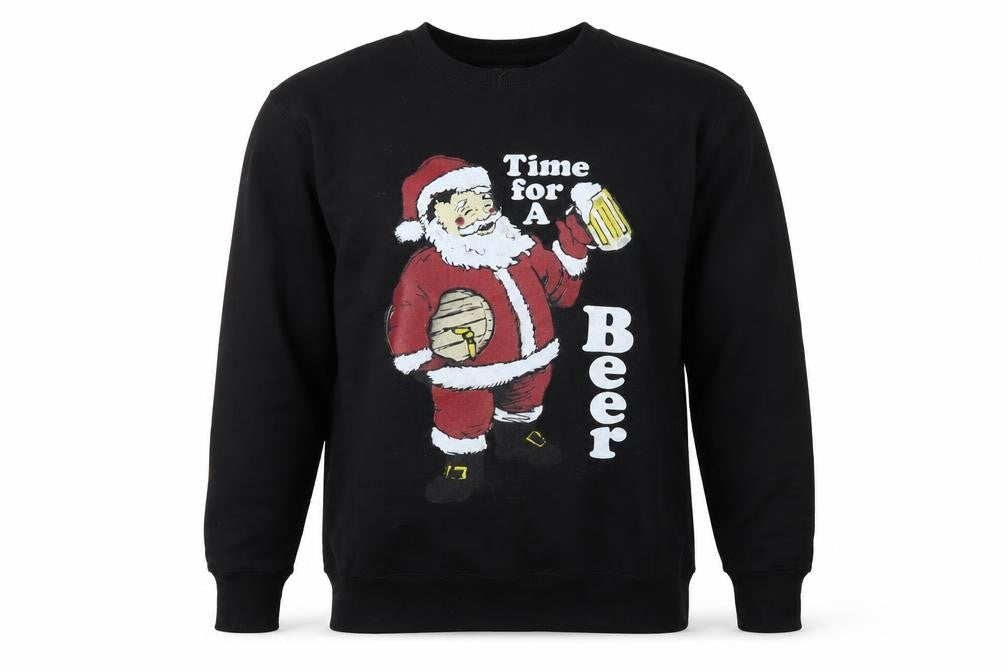 Front view of Malaika men’s black pullover sweatshirt, size M, - santa time for a beer