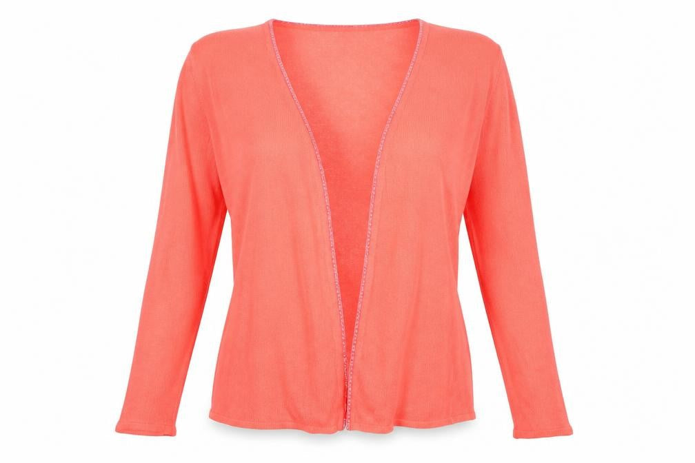 Front view of Debbie Morgan women’s orange cardigan jumper, size M
