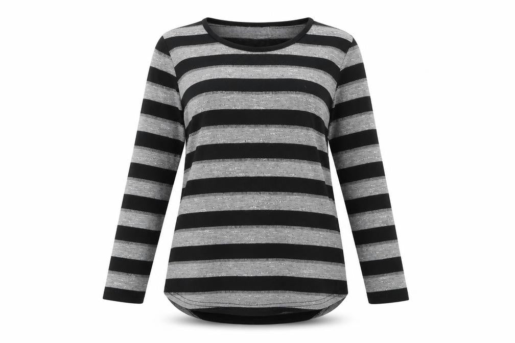Front view of Papaya women’s grey striped knit jumper, size UK 10