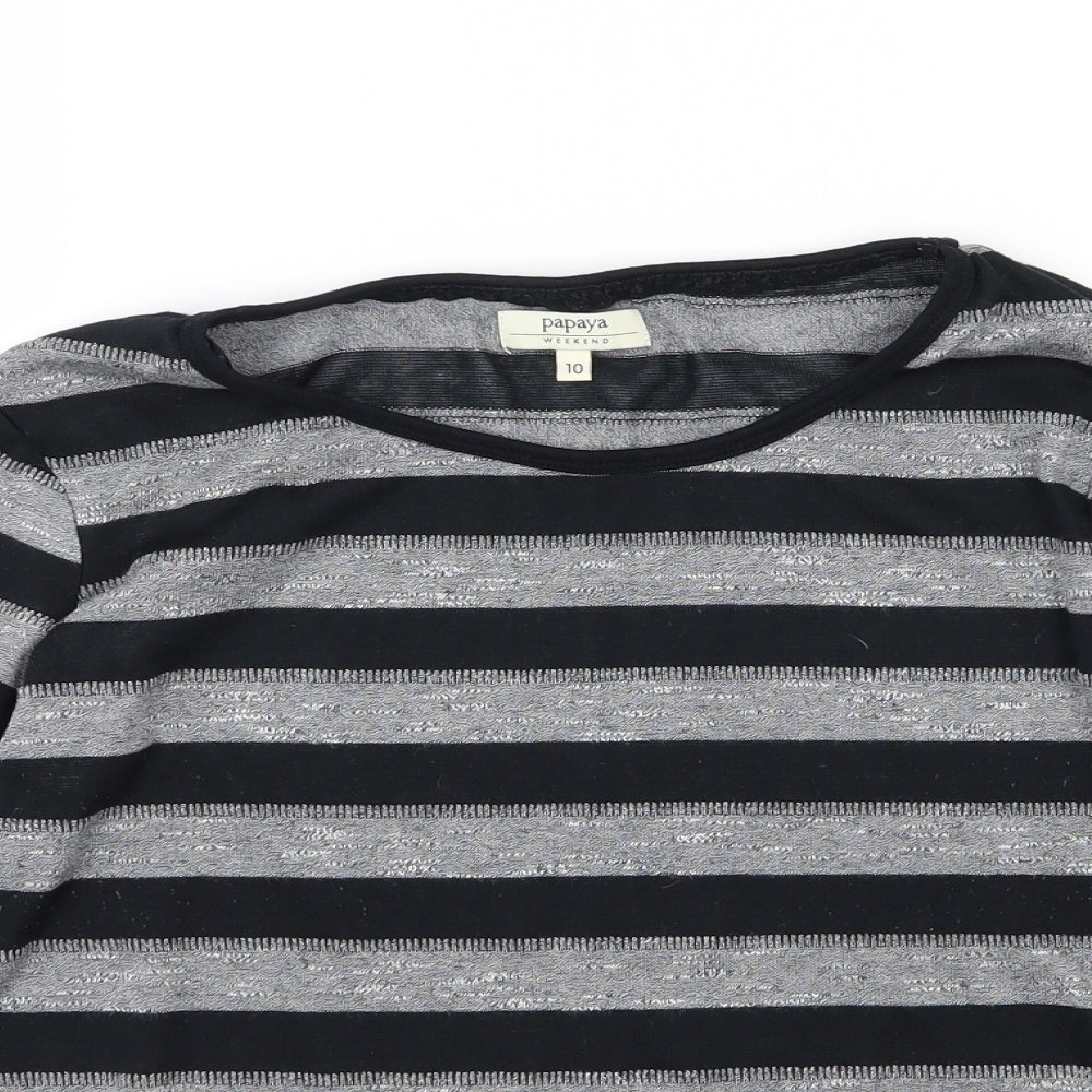 Close-up detail of Papaya women’s grey striped knit jumper, size UK 10