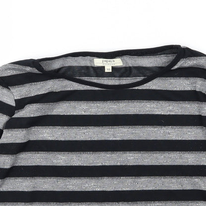 Close-up detail of Papaya women’s grey striped knit jumper, size UK 10