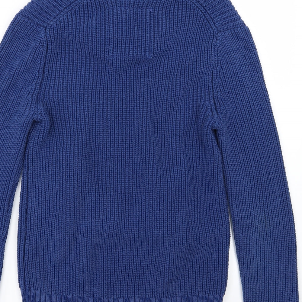 Brand and care label for H&M women’s blue knit jumper, size S
