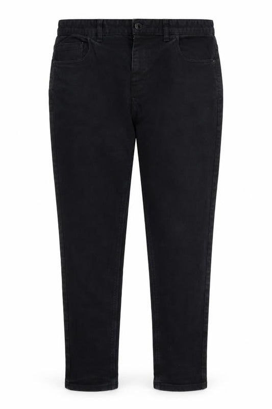 Front view of Next women’s black denim tapered jeans, size UK 34, 31-inch leg