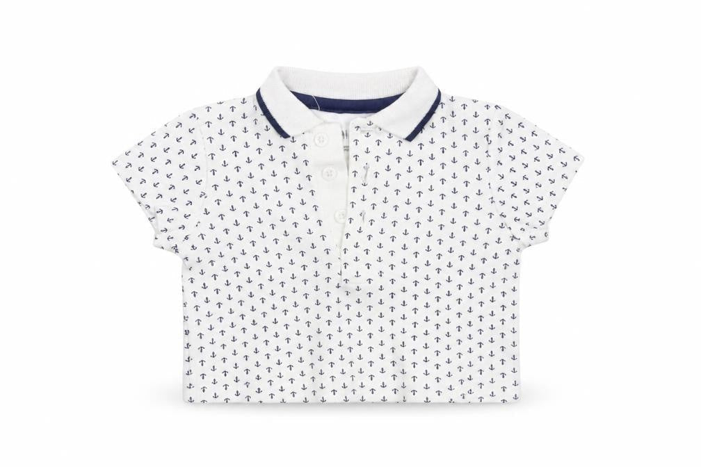 Front view of Little Me boys’ white basic t-shirt, size 6-9, months - anchor