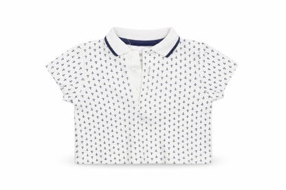 Front view of Little Me boys’ white basic t-shirt, size 6-9, months - anchor