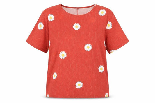 Front view of Preworn women’s orange floral basic blouse, size S