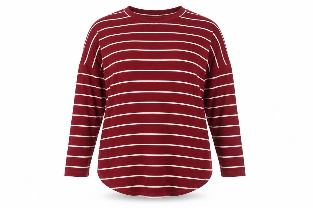 Front view of Capsule women’s red striped pullover sweatshirt, size UK 18
