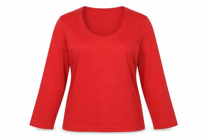 Front view of Emreco women’s red pullover sweatshirt, size UK 14