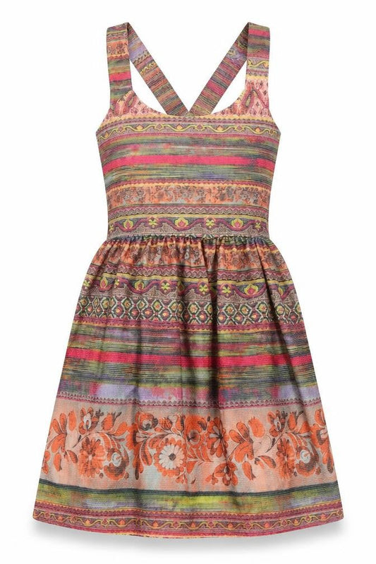 Front view of Kiah women’s multicoloured striped fit & flare, size UK 12
