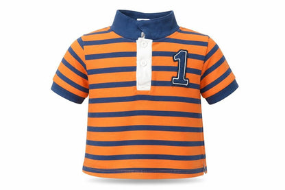Front view of Eddie & Ella Orange Striped Basic Button-Up, size 9-12, Months