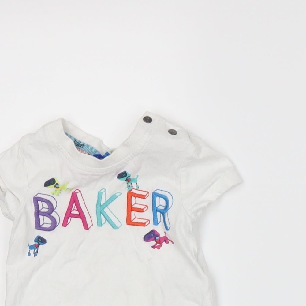 Close-up detail of Baker boys’ white basic t-shirt, size 3-6, months