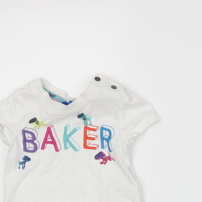 Close-up detail of Baker boys’ white basic t-shirt, size 3-6, months