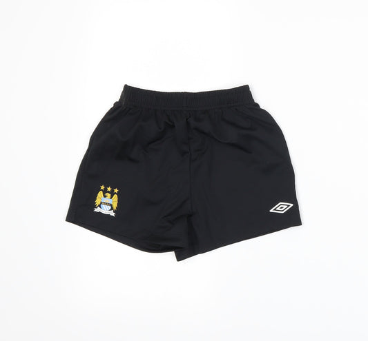 Front view of Umbro boys’ black sweat shorts, size 6-7, years - manchester city football club