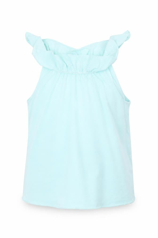 Front view of H&M girls’ blue basic tank, size 6-7, years