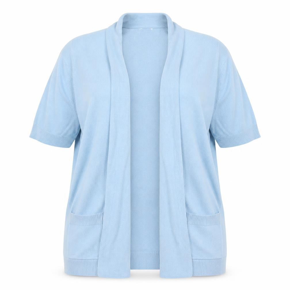 Front view of Damart women’s blue knit cardigan jumper, size UK 14