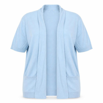 Front view of Damart women’s blue knit cardigan jumper, size UK 14