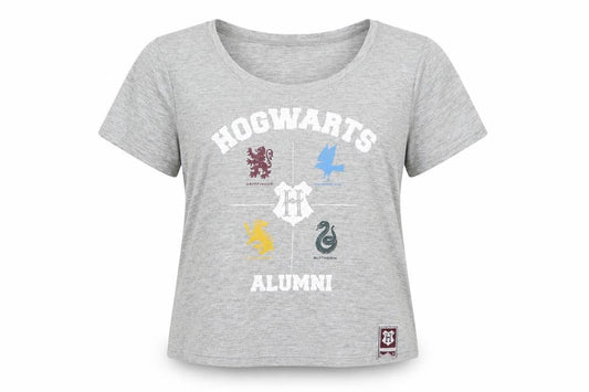 Front view of Primark women’s grey jersey basic t-shirt, size UK 12, - hogwarts alumni