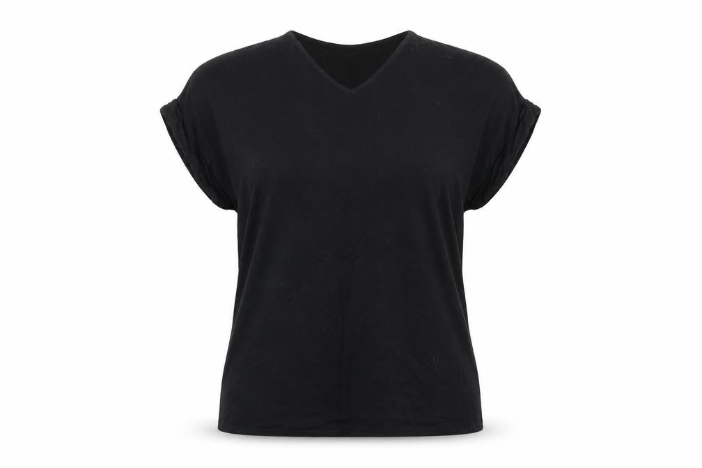 Front view of Billys Collection women’s black jersey basic t-shirt, size UK 20