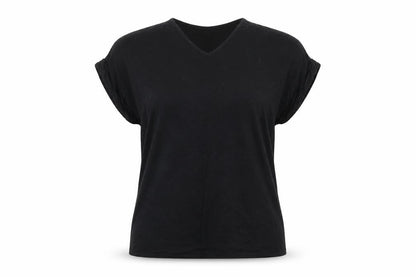 Front view of Billys Collection women’s black jersey basic t-shirt, size UK 20