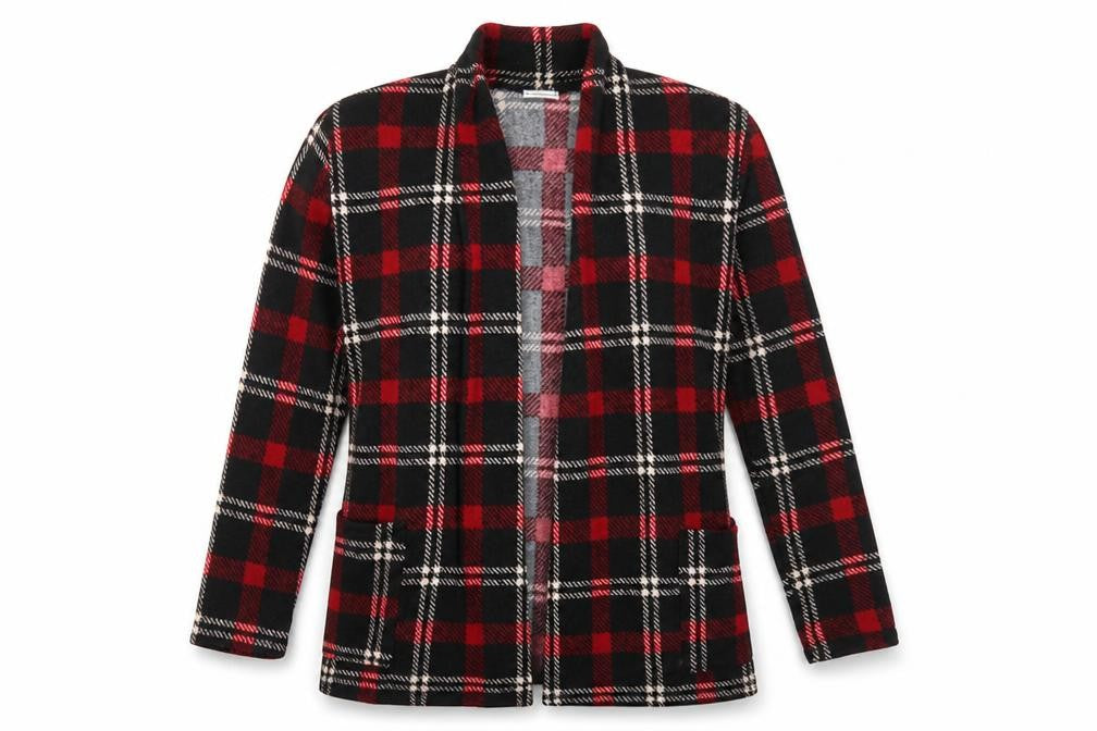 Front view of Egy California women’s red check cardigan jumper, size M