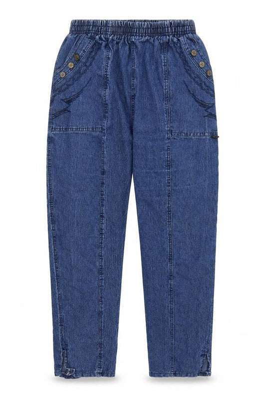 Front view of women’s blue denim cropped jeans, size UK 27, 26-inch leg
