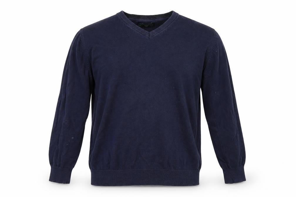 Front view of St Bernard men’s blue jumper, size L