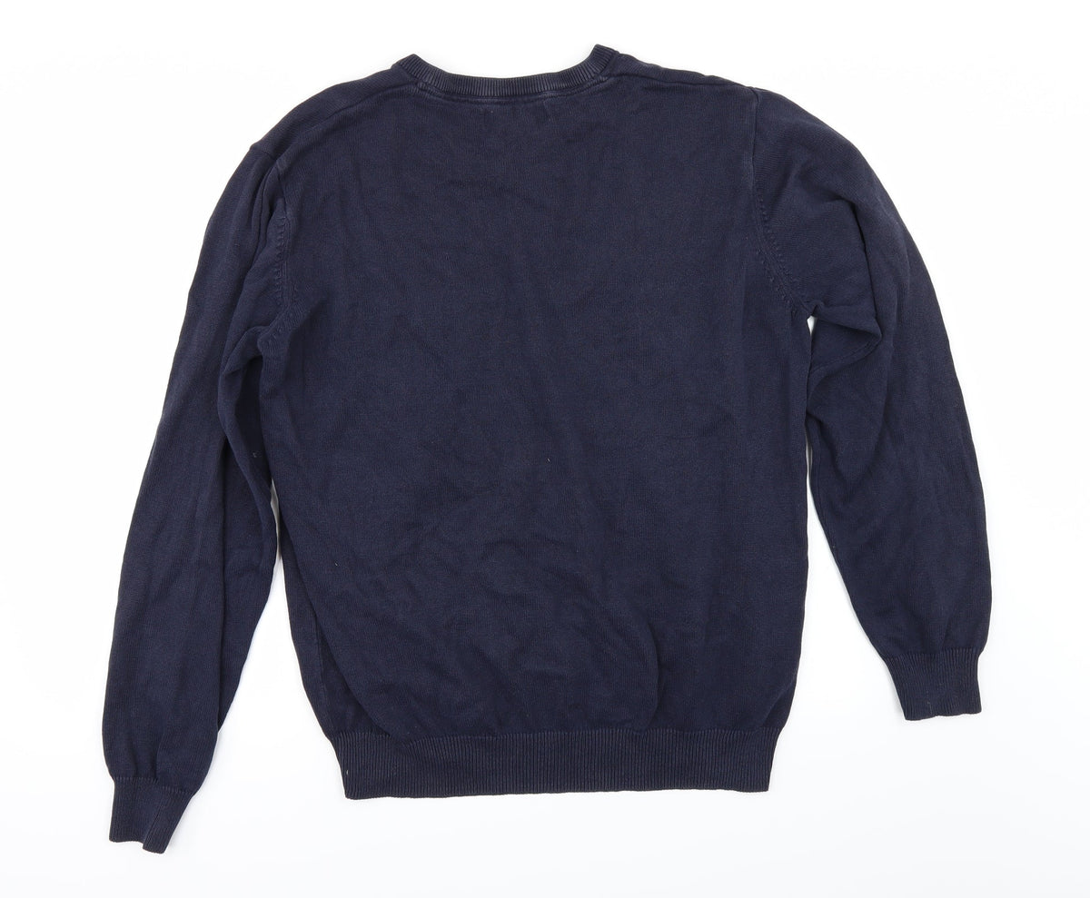 Back view of St Bernard men’s blue jumper, size L