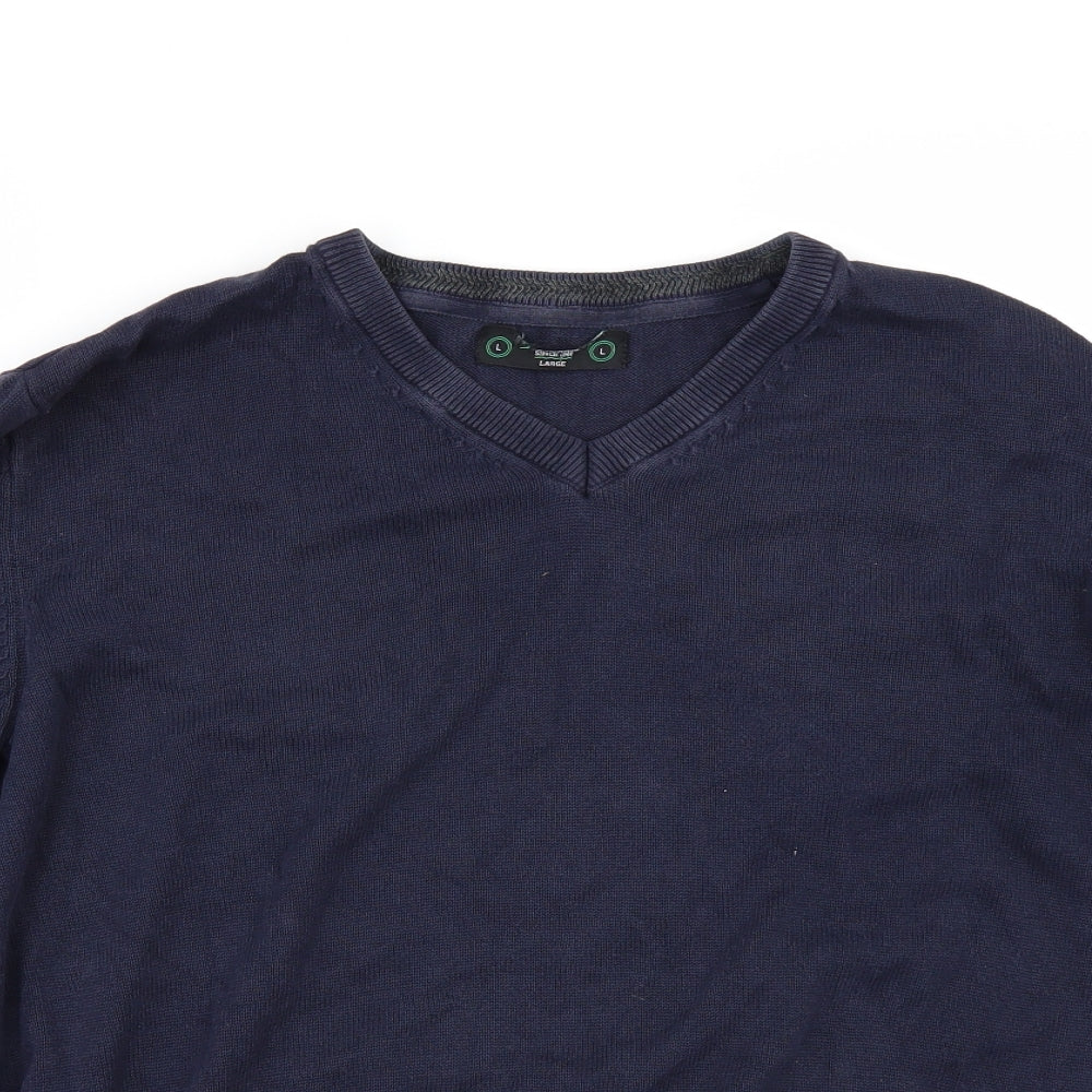 Close-up detail of St Bernard men’s blue jumper, size L