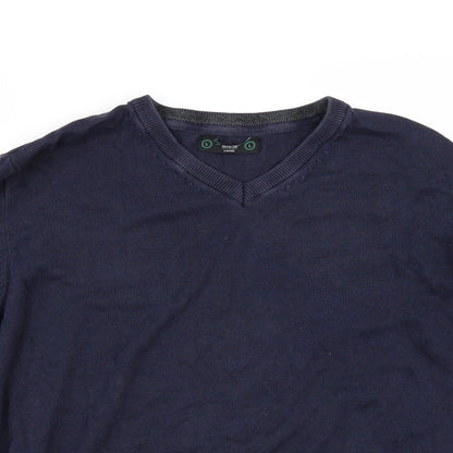 Close-up detail of St Bernard men’s blue jumper, size L