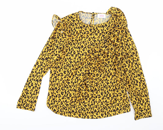 Front view of Savida` women’s yellow animal print tunic blouse, size XS