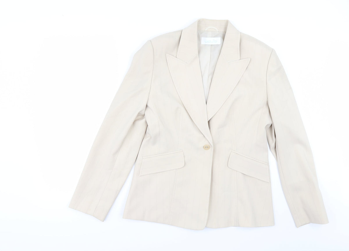 Additional front view of Liquid women’s beige striped jacket suit jacket, size UK 14