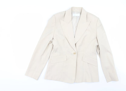 Additional front view of Liquid women’s beige striped jacket suit jacket, size UK 14