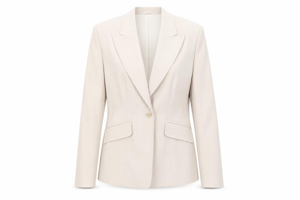 Front view of Liquid women’s beige striped jacket suit jacket, size UK 14