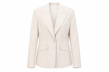 Front view of Liquid women’s beige striped jacket suit jacket, size UK 14