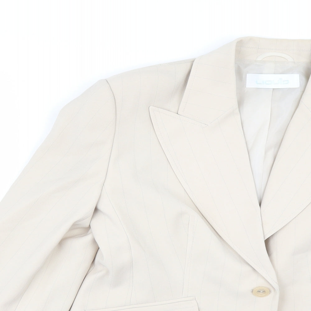 Close-up detail of Liquid women’s beige striped jacket suit jacket, size UK 14