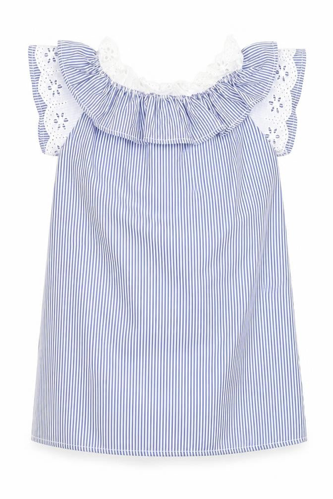 Front view of Boohoo girls’ blue striped shift, size 8, years
