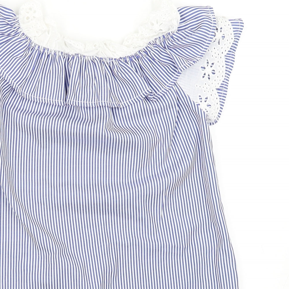 Close-up detail of Boohoo girls’ blue striped shift, size 8, years