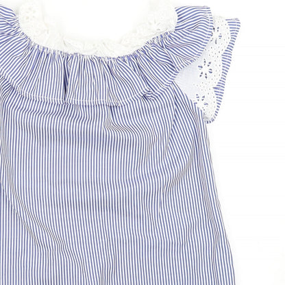 Close-up detail of Boohoo girls’ blue striped shift, size 8, years