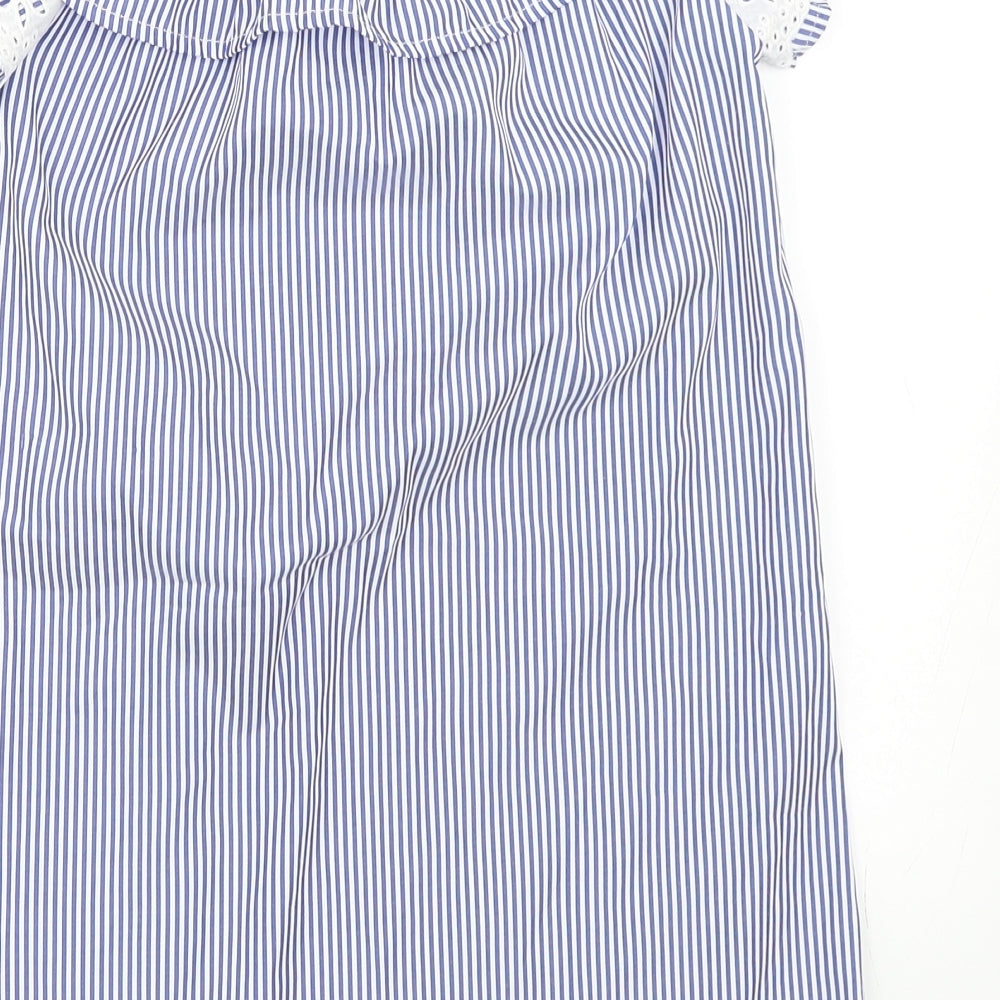 Brand and care label for Boohoo girls’ blue striped shift, size 8, years