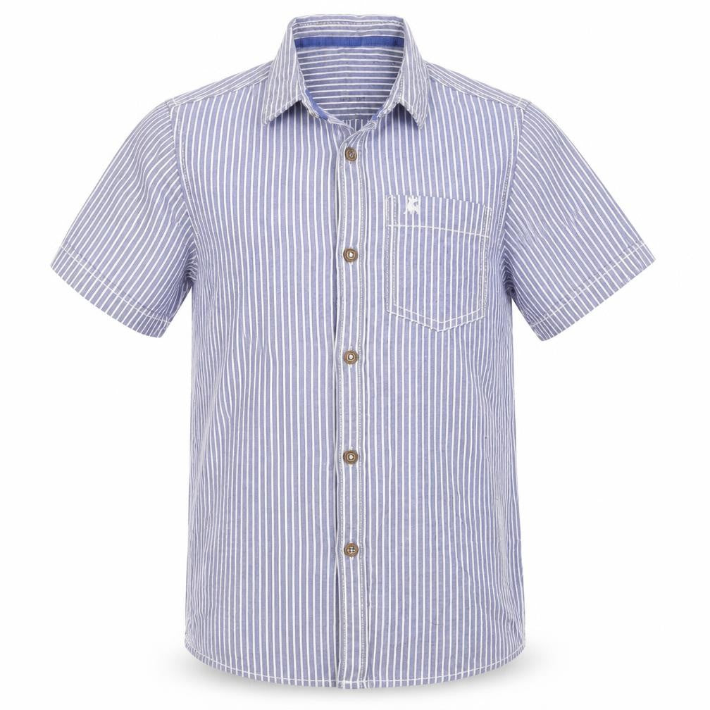 Front view of Rebel boys’ blue striped basic button-up, size 9-10, years