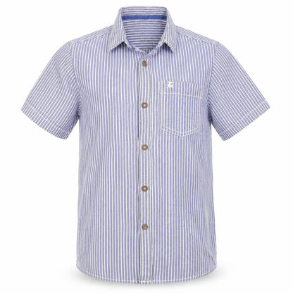 Front view of Rebel boys’ blue striped basic button-up, size 9-10, years