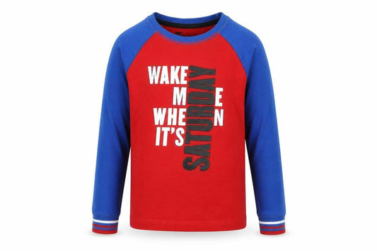 TU Boys Red Colourblock Jersey  Pyjama Top Size 6-7 Years  - Wake me Slogan