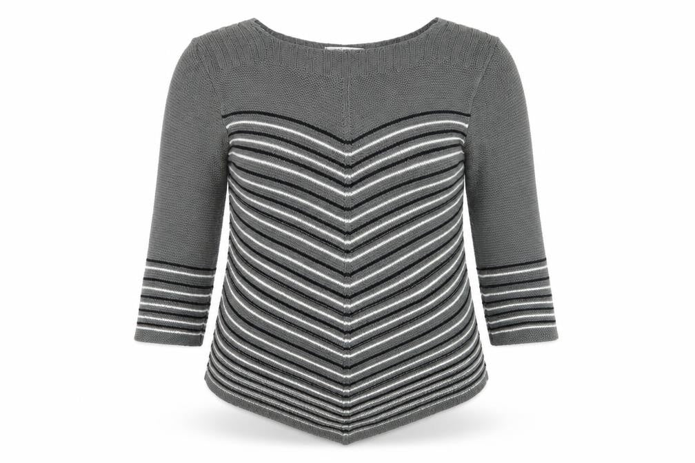 Front view of Simply Stock Shop women’s grey striped knit jumper, size L