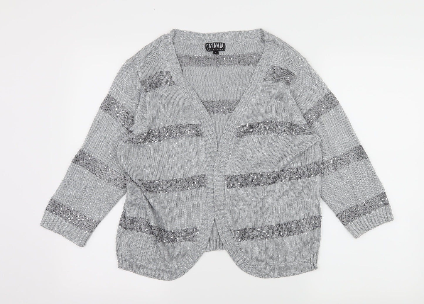 CASAMIA Womens Grey Striped Knit Cardigan Jumper Size L