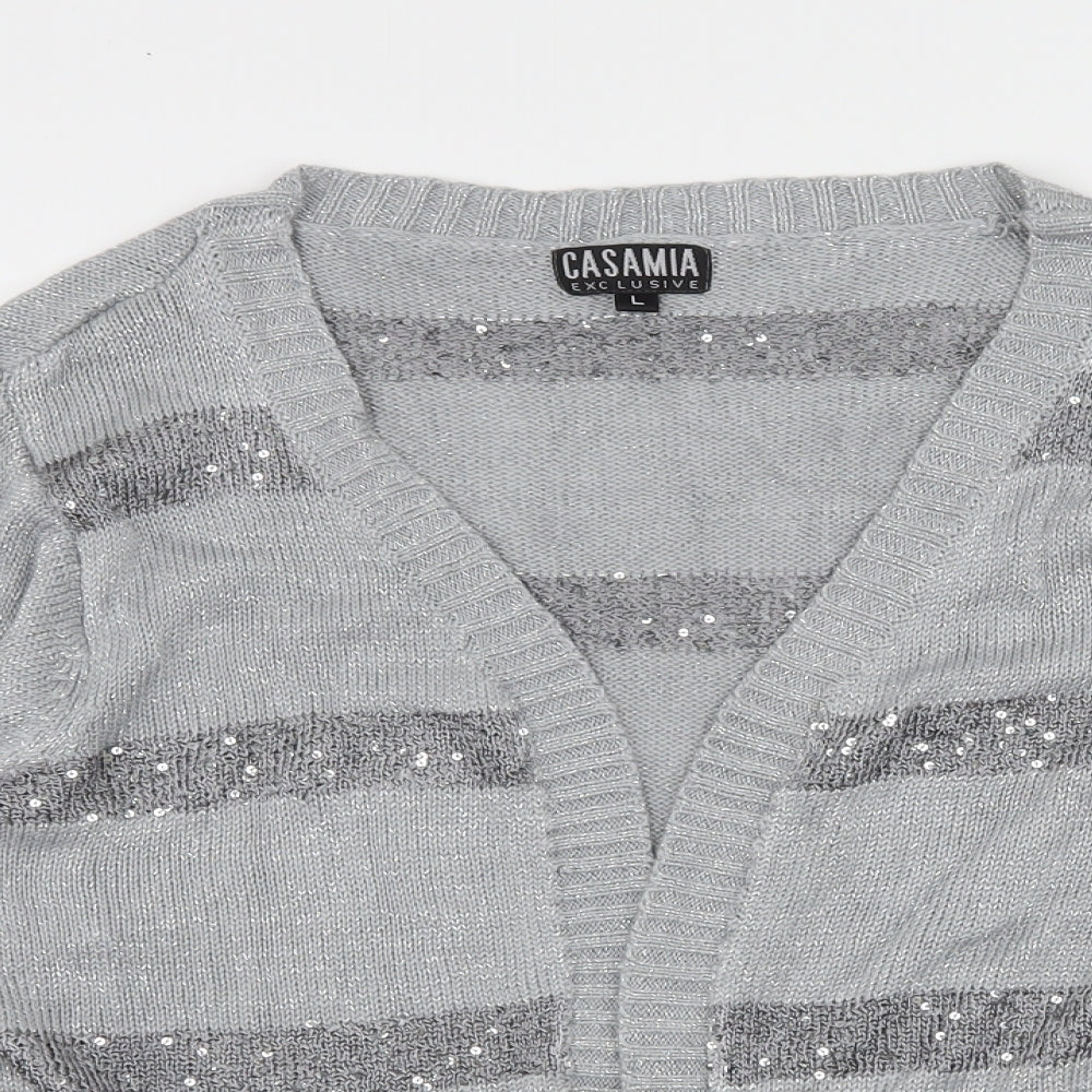 CASAMIA Womens Grey Striped Knit Cardigan Jumper Size L