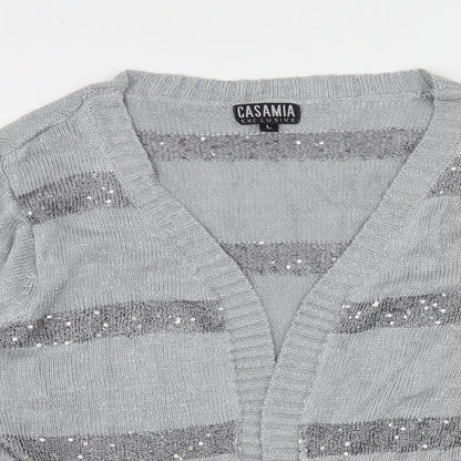 CASAMIA Womens Grey Striped Knit Cardigan Jumper Size L