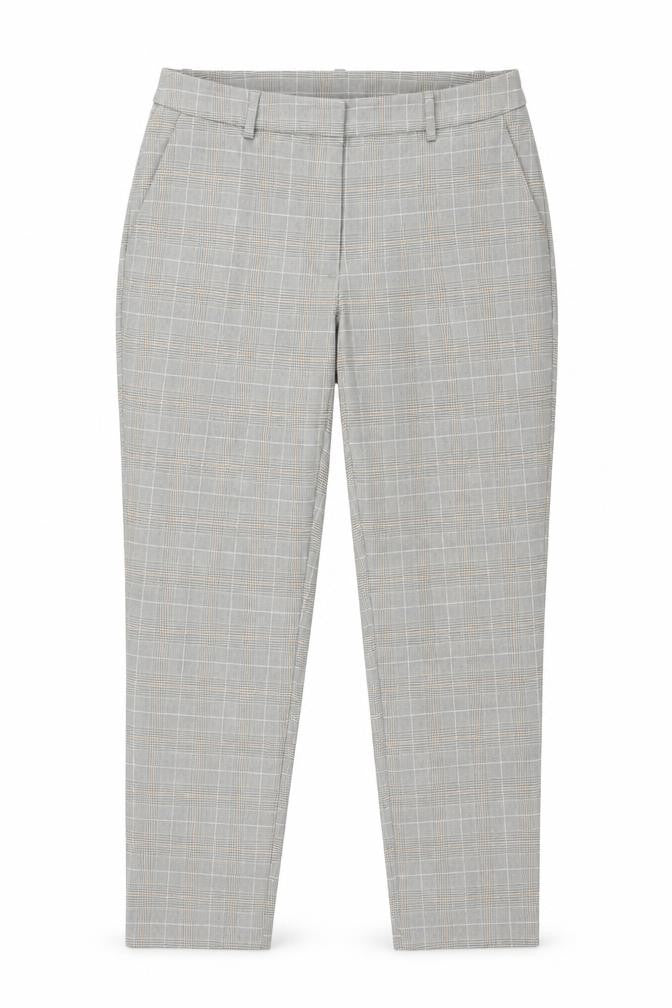 Front view of Preworn women’s grey check trousers, size UK 34, in, 26-inch leg