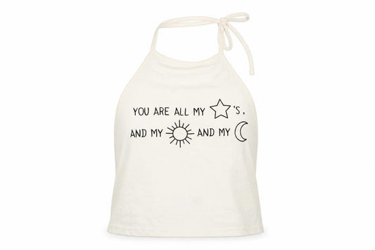 Front view of Boohoo women’s beige cropped blouse, size UK 10, - you are all my stars, and my sun and my moon
