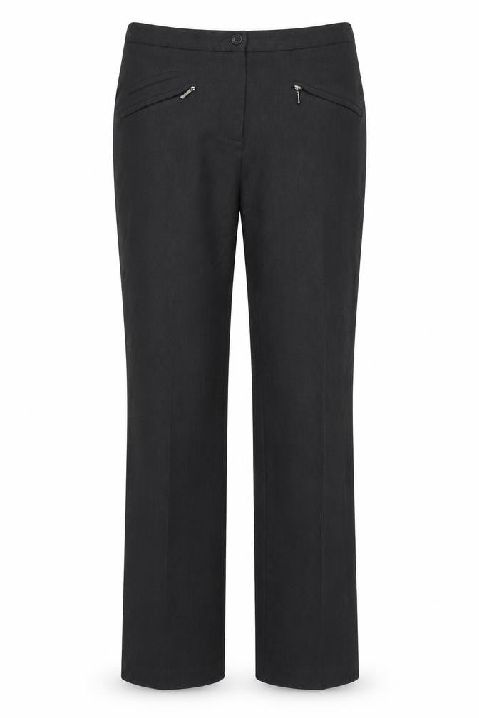 Front view of Preworn women’s grey trousers, size UK 28, in, 30-inch leg